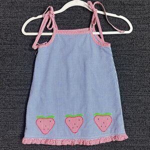 Vintage VTG Rags land Gingham Dress Blue Red Strawberry Girls Size 3/4